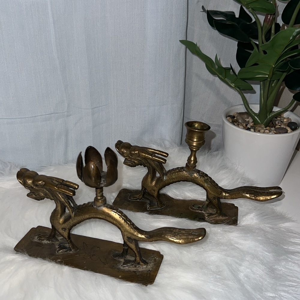 Two Vintage Chinese brass candle holder